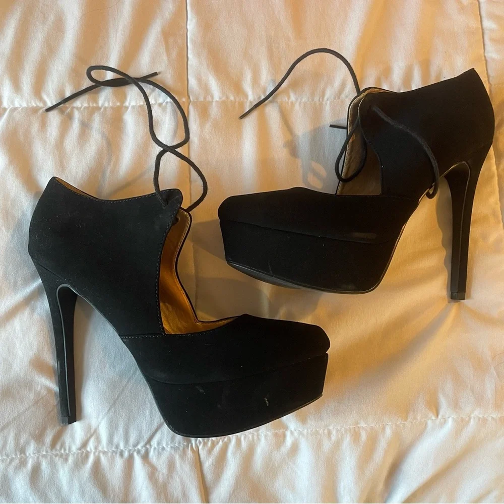 Suede High Heel Platform Tie Up Pumps Charolette Russe Black Shoes - Picture 1 of 11